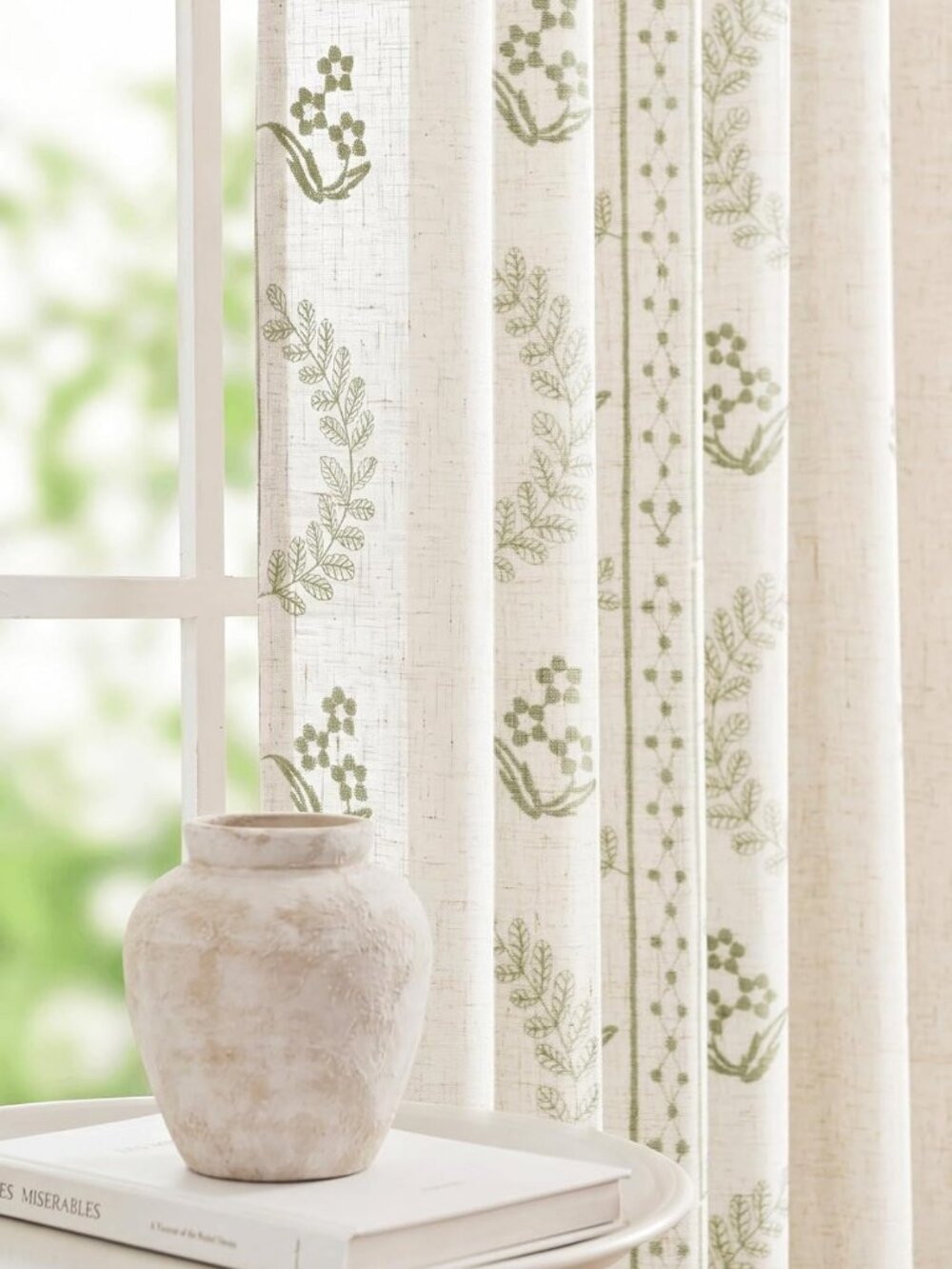 96-Inch Green Floral Linen Blend Curtains - Farmhouse Rod Pocket, 2 Panels